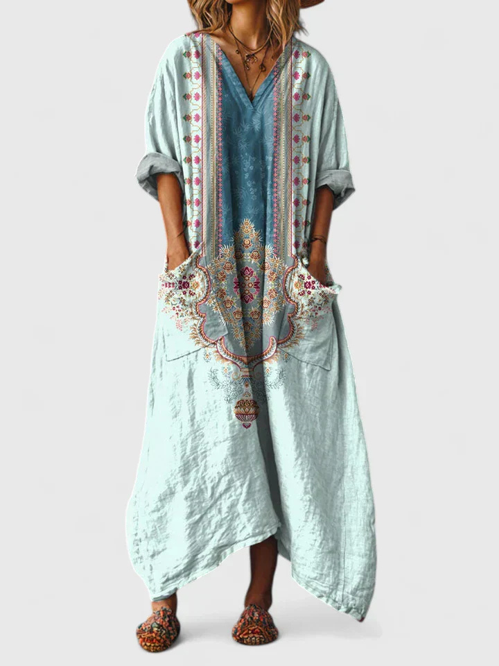 Indra | Women's Boho V-Neck Front Pocket Casual Summer Maxi Dress