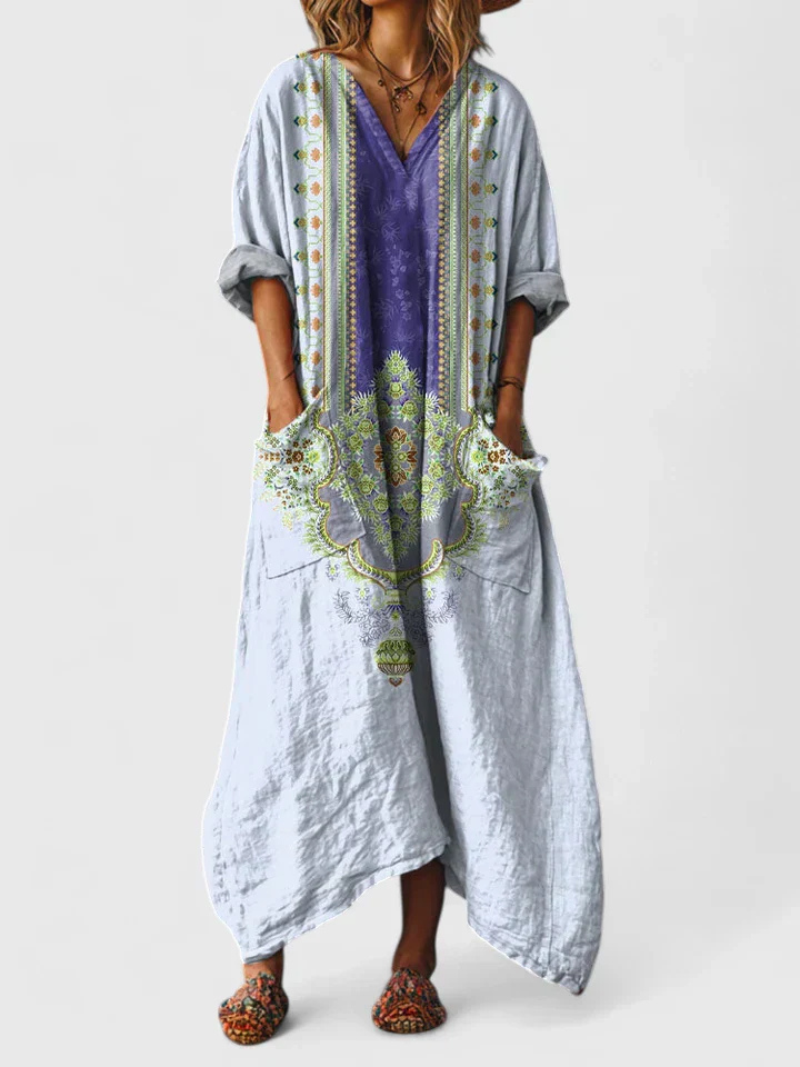 Indra | Women's Boho V-Neck Front Pocket Casual Summer Maxi Dress