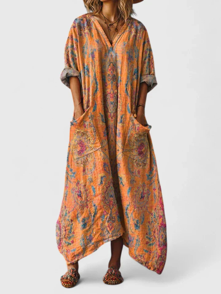 Indra | Women's Boho V-Neck Front Pocket Casual Summer Maxi Dress