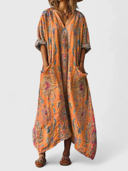 Indra | Women's Boho V-Neck Front Pocket Casual Summer Maxi Dress