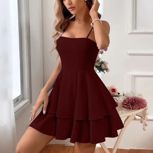 Juliette | Women's Tiered Spaghetti Strap Flared Cocktail Mini Dress