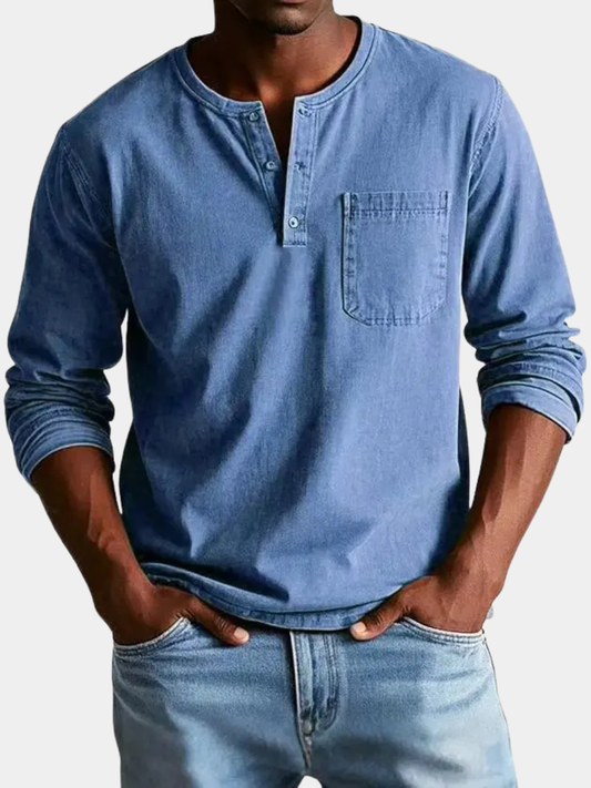 Kellan | Men's Vintage Washed Henley Long Sleeve Chest Pocket Shirt