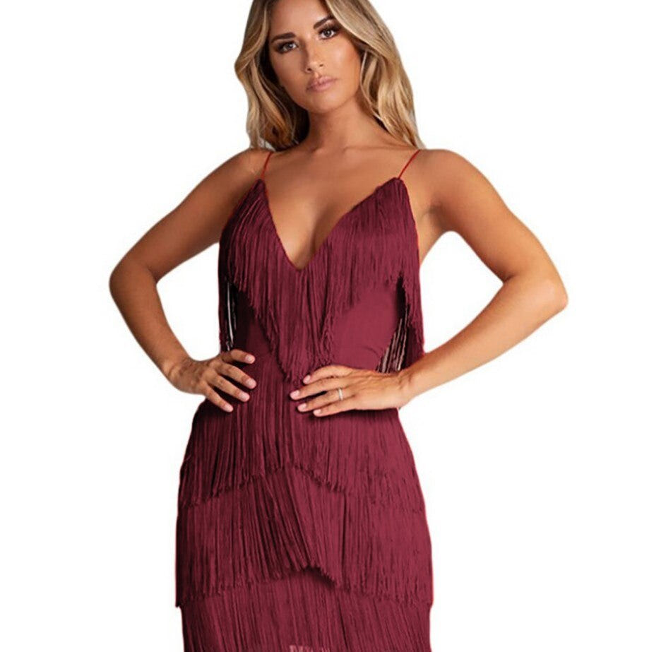 Layla | Women's Cocktail Mini Dress Fringe Tiered V Neck Spaghetti Strap