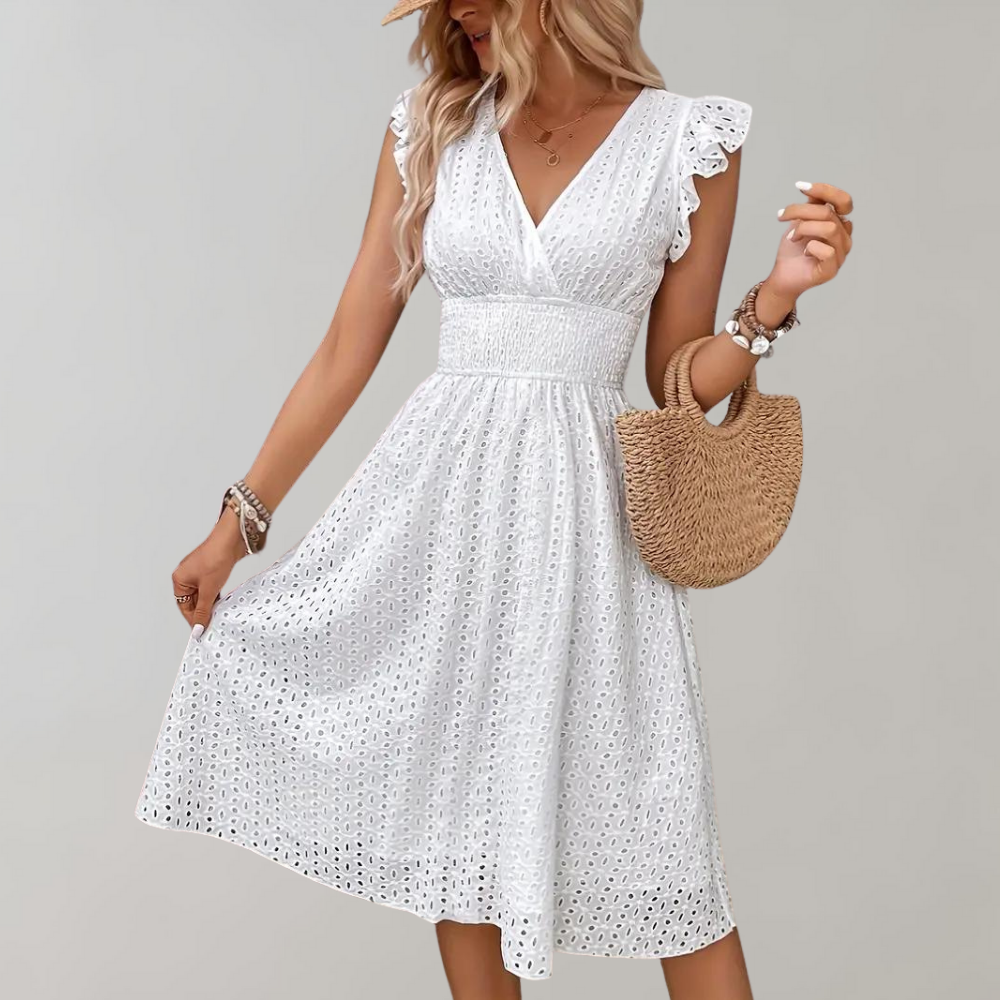 Alessia | Women's Eyelet Elegant Ruffle Sleeve V-Neck Wedding Guest Midi Dress