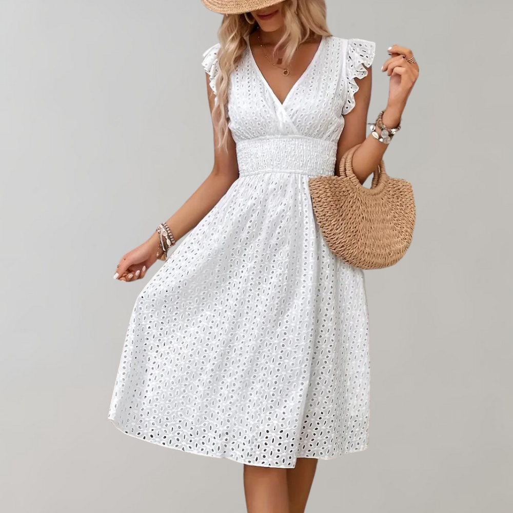 Alessia | Women's Eyelet Elegant Ruffle Sleeve V-Neck Wedding Guest Midi Dress