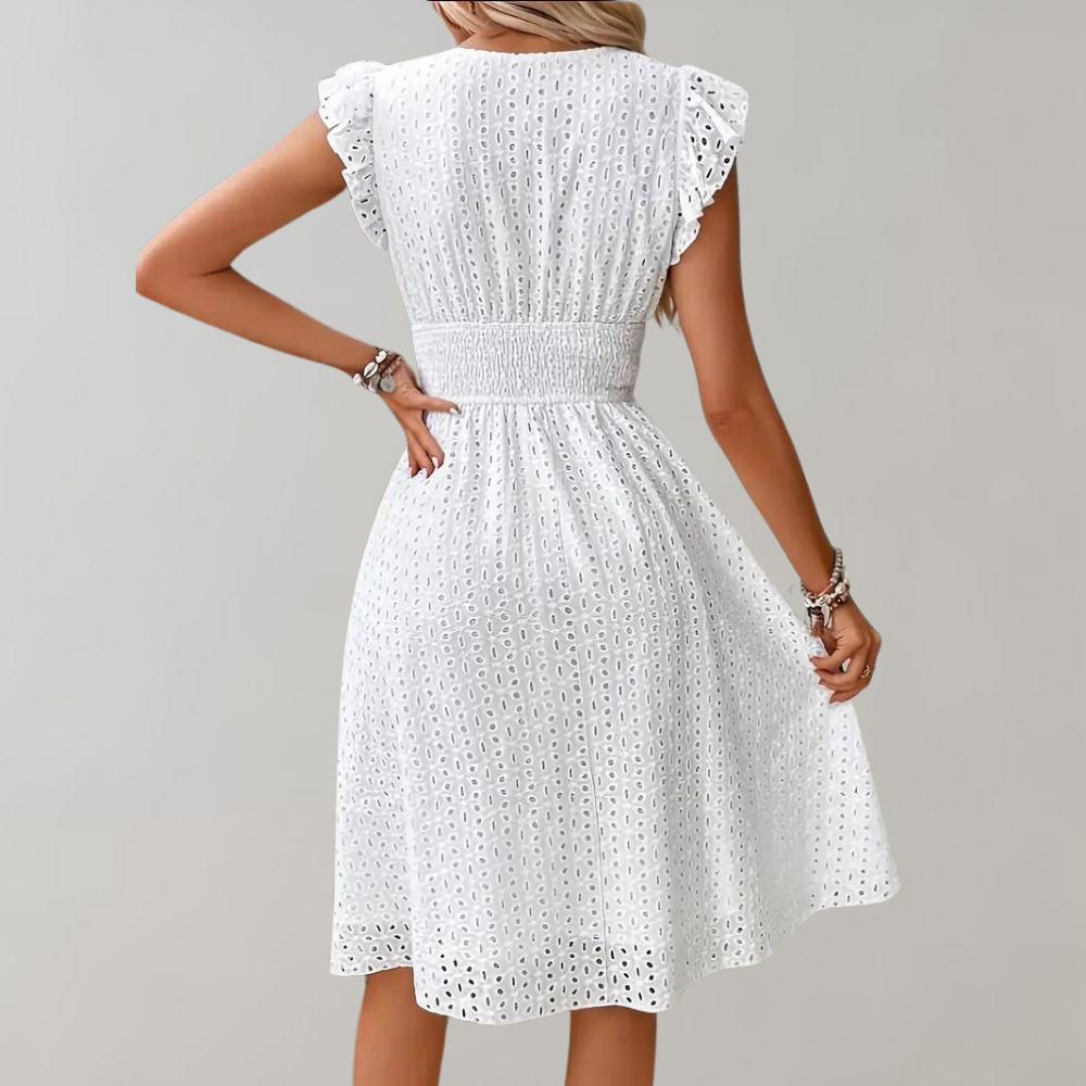 Alessia | Women's Eyelet Elegant Ruffle Sleeve V-Neck Wedding Guest Midi Dress