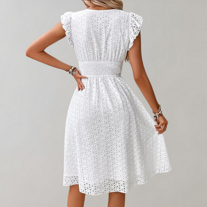 Alessia | Women's Eyelet Elegant Ruffle Sleeve V-Neck Wedding Guest Midi Dress