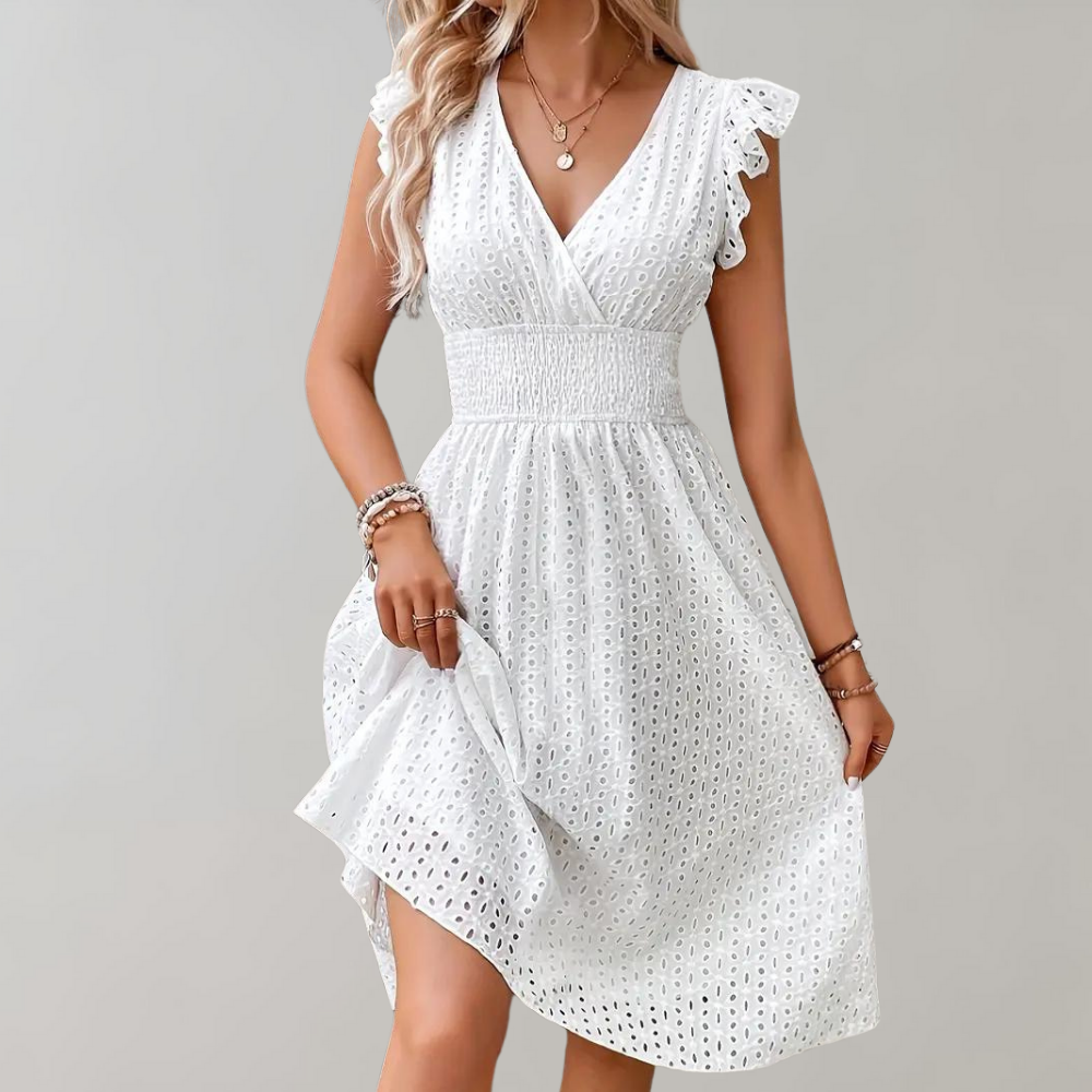 Alessia | Women's Eyelet Elegant Ruffle Sleeve V-Neck Wedding Guest Midi Dress