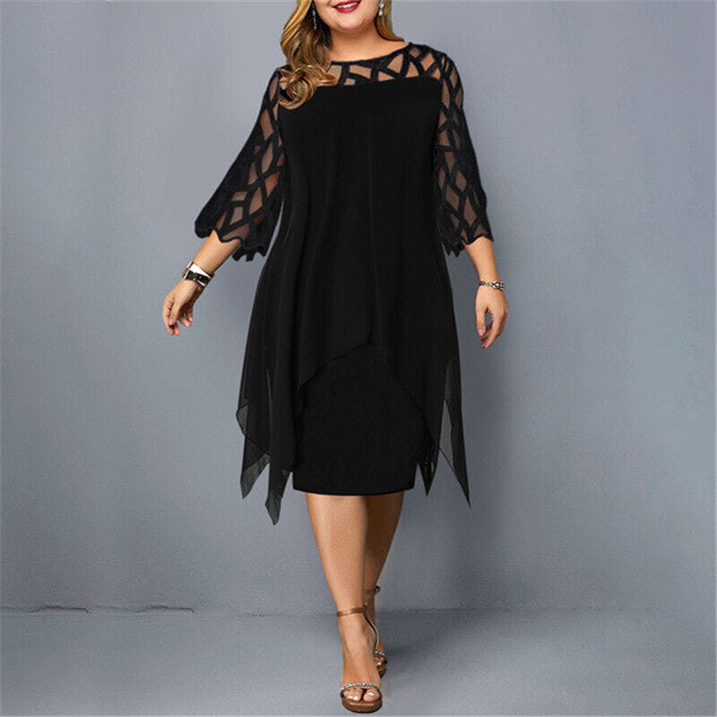 Madeline | Women's Plus Size Midi Dress Lace Mesh Overlay Elegant
