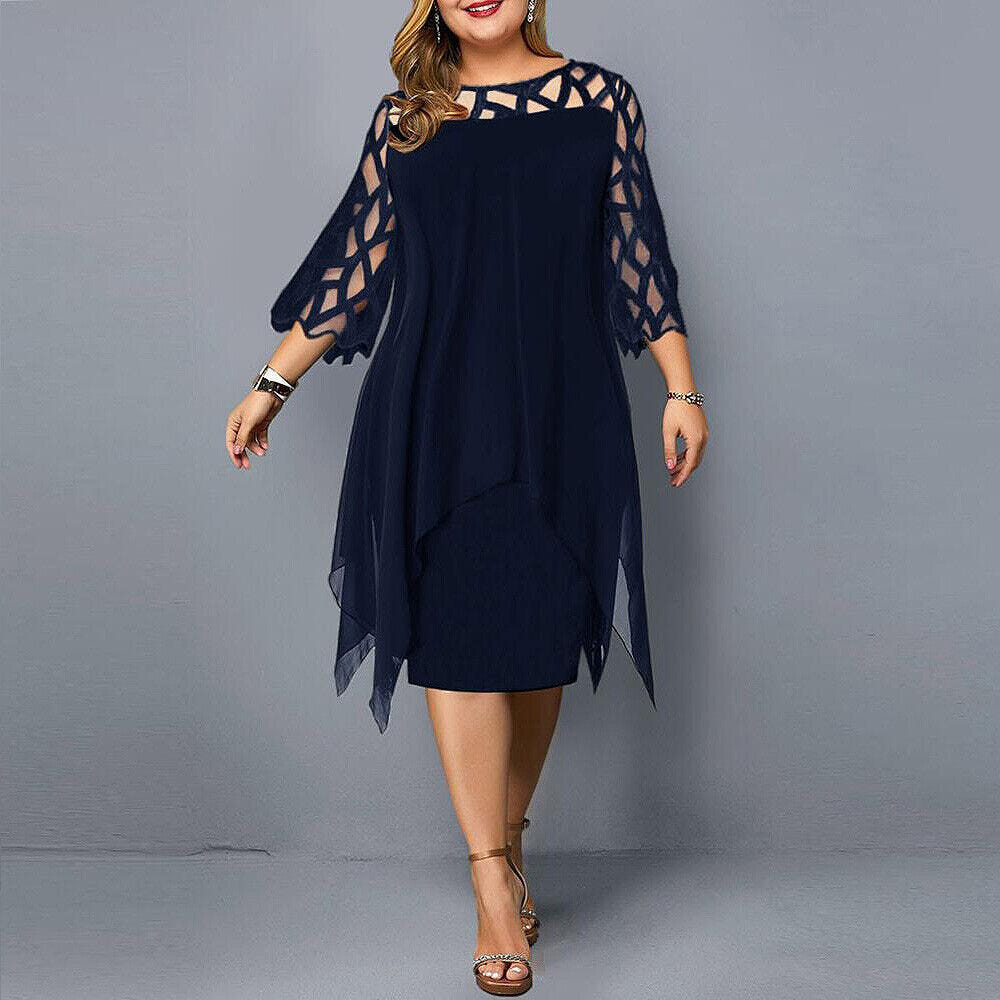 Madeline | Women's Plus Size Midi Dress Lace Mesh Overlay Elegant
