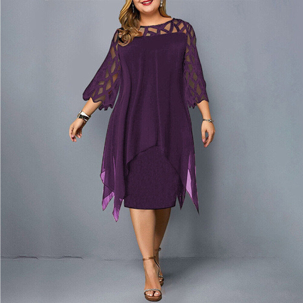 Madeline | Women's Plus Size Midi Dress Lace Mesh Overlay Elegant