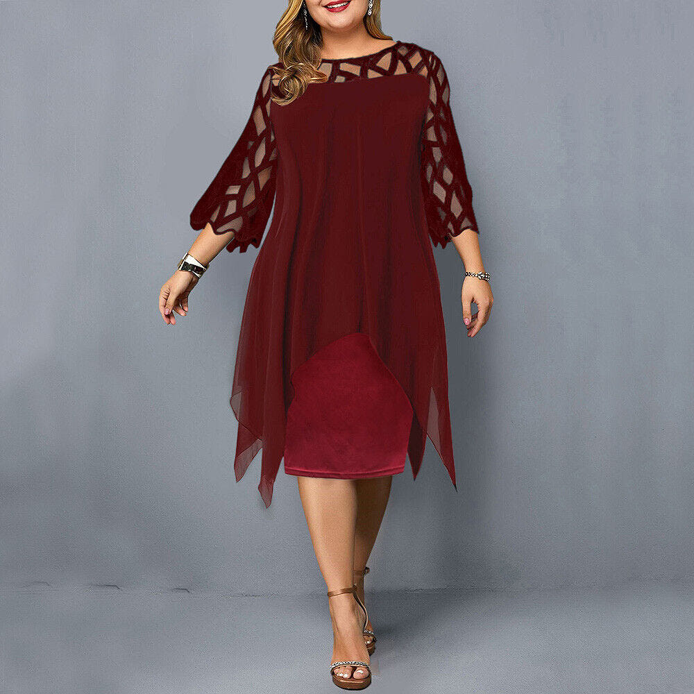 Madeline | Women's Plus Size Midi Dress Lace Mesh Overlay Elegant