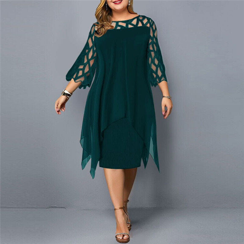 Madeline | Women's Plus Size Midi Dress Lace Mesh Overlay Elegant