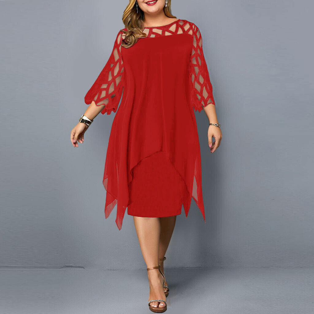 Madeline | Women's Plus Size Midi Dress Lace Mesh Overlay Elegant