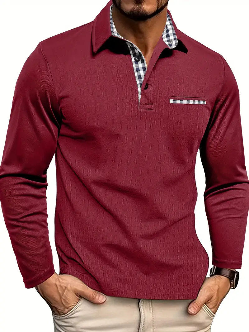 Caldwell | Men's Long Sleeve Regular Fit Plaid Trim Polo Shirt