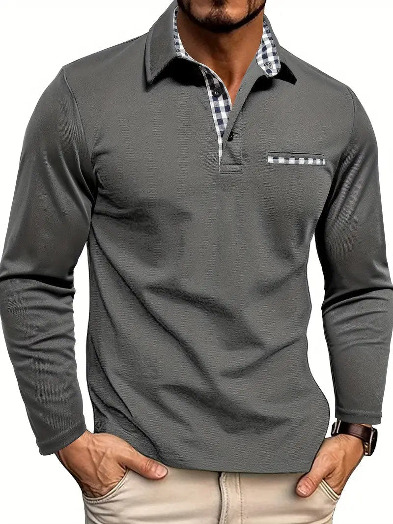 Caldwell | Men's Long Sleeve Regular Fit Plaid Trim Polo Shirt