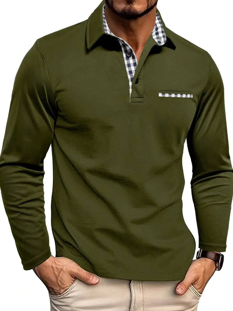 Caldwell | Men's Long Sleeve Regular Fit Plaid Trim Polo Shirt