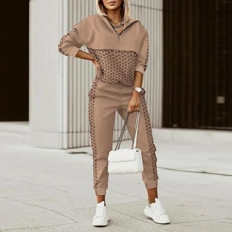 Delwyn | Women's Casual Zip-Neck Monogram Print Loungewear Tracksuit