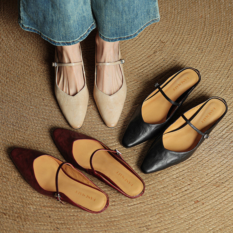 Wynora | Women's Pointed Toe Ankle Strap Flat Mule