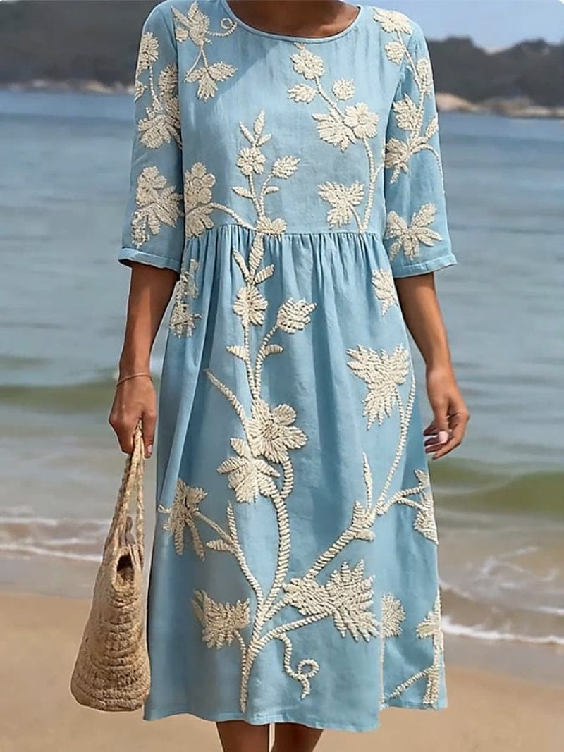 Saffron | Women's Floral Embroidered Cotton Linen Blend Casual Summer Midi Dress
