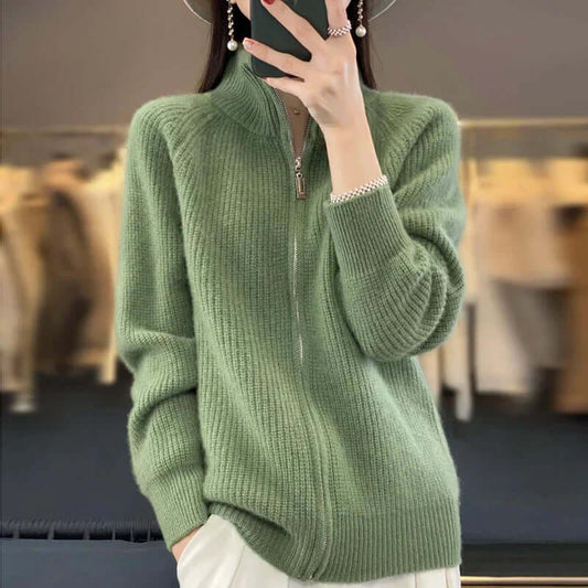 Verdaline | Women's Ribbed Knit Full Zip Stand Collar Cardigan