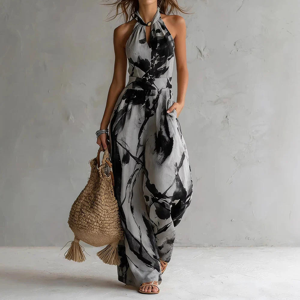 Aria | Women's Halter Neck Abstract Print Boho Wide Leg Jumpsuit