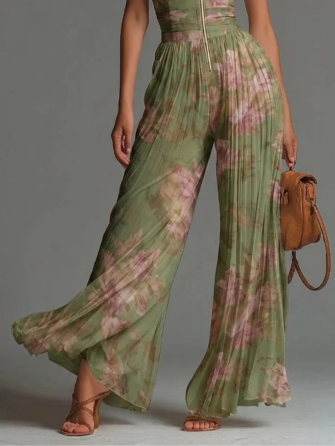 Cassidy | Women's Floral Pleated Wide Leg Jumpsuit Halter Deep V
