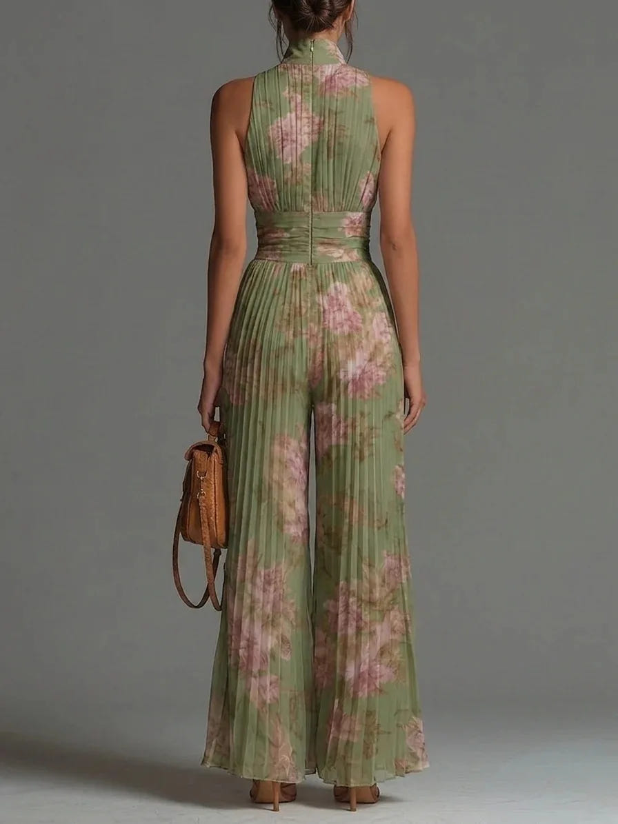 Cassidy | Women's Floral Pleated Wide Leg Jumpsuit Halter Deep V
