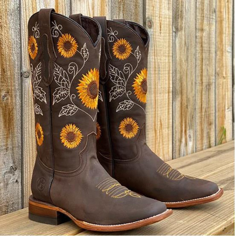 Florabeth | Women's Sunflower Embroidered Pointed Toe Western Boot