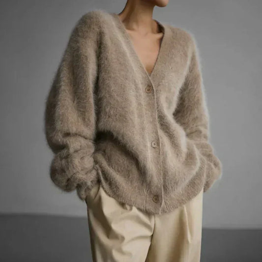 Elara | Women's Fuzzy Knit V-Neck Button-Front Cardigan