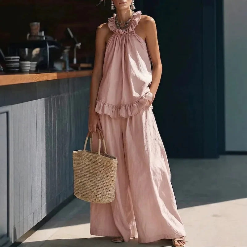 Harper | Women's Linen Blend Two Piece Set Ruffle Halter Wide Leg