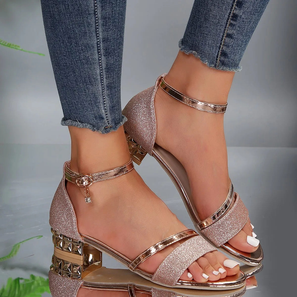 Alison | Block Heeled Sandals Orthopedic Gold Ankle Strap Glitter