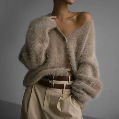 Elara | Women's Fuzzy Knit V-Neck Button-Front Cardigan