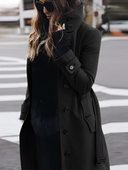 Marlowyth | Women's Single Breasted Stand Collar Long Overcoat