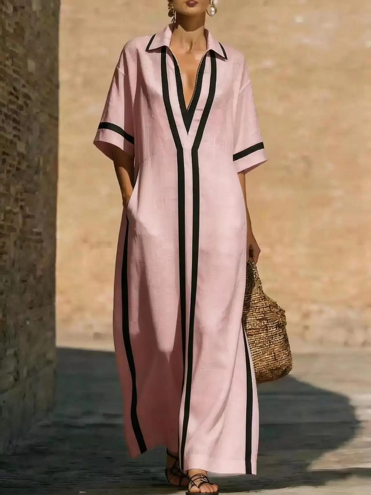 Victoria | Women's Maxi Dress Shirt Collar V Neck Contrast Trim