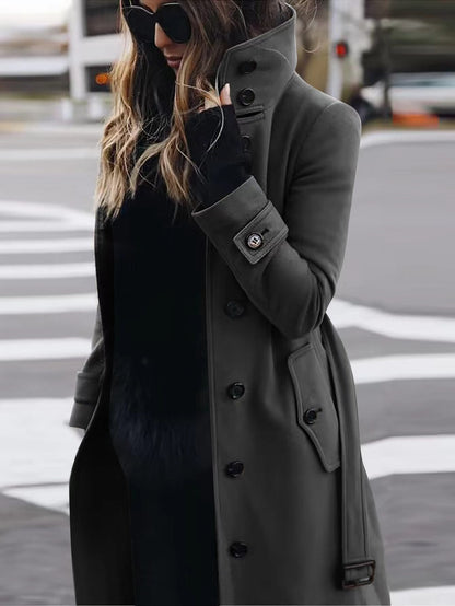 Marlowyth | Women's Single Breasted Stand Collar Long Overcoat