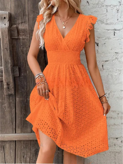 Lily | Women's Eyelet V-Neck Ruffle Sleeve Casual Summer Dress