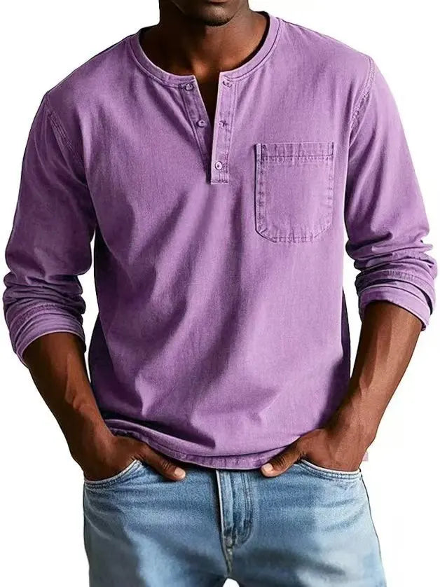 Kellan | Men's Vintage Washed Henley Long Sleeve Chest Pocket Shirt