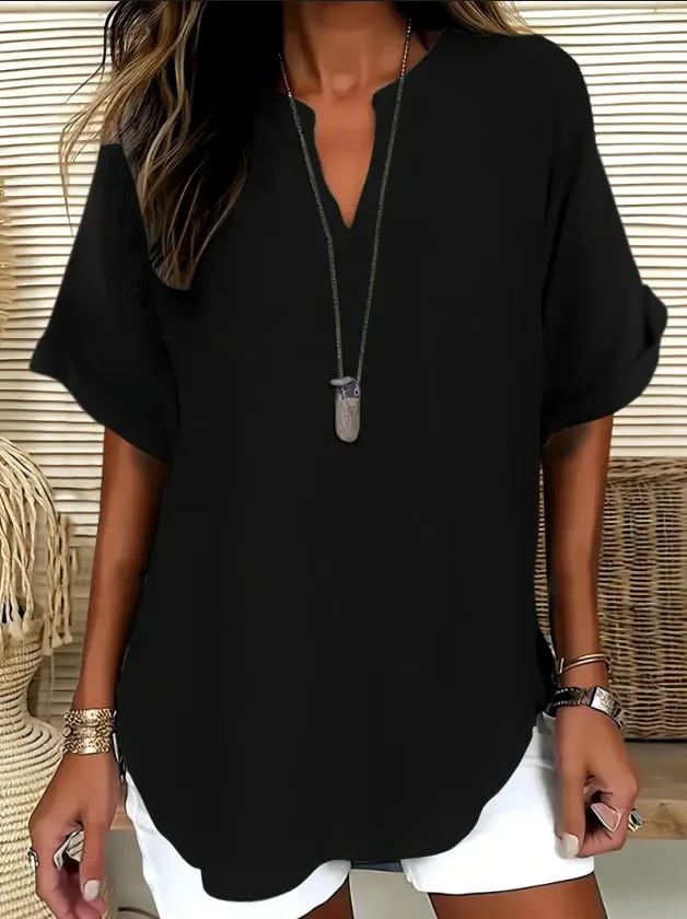 Cynthia | Women's Relaxed V-Neck Short Sleeve Summer Tunic Blouse