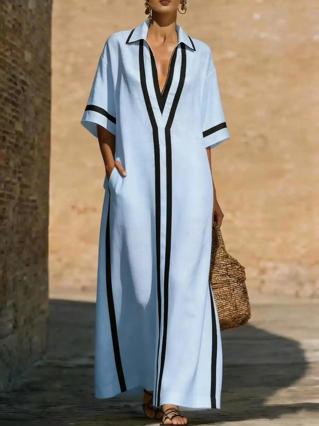 Victoria | Women's Maxi Dress Shirt Collar V Neck Contrast Trim