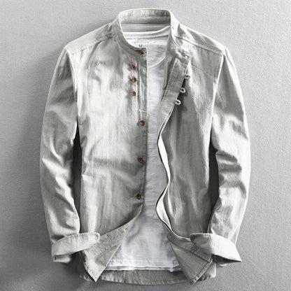 Kenji | Men's Mandarin Collar Button-Up Linen Blend Shirt