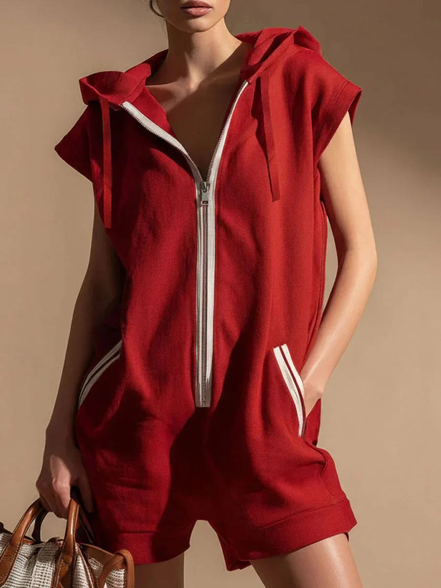 Zoe | Women's Romper Hooded Zip Front Sleeveless Sporty