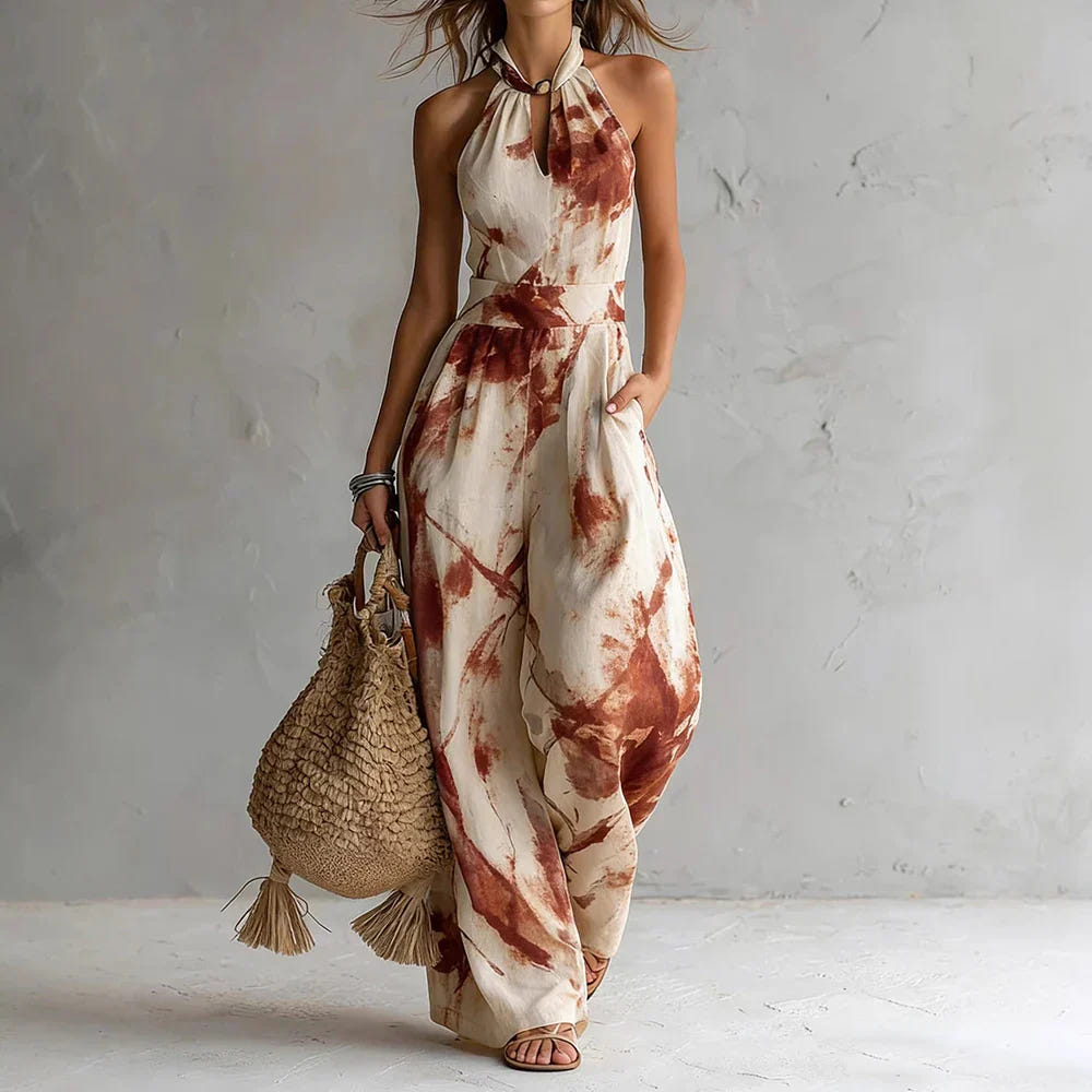 Aria | Women's Halter Neck Abstract Print Boho Wide Leg Jumpsuit