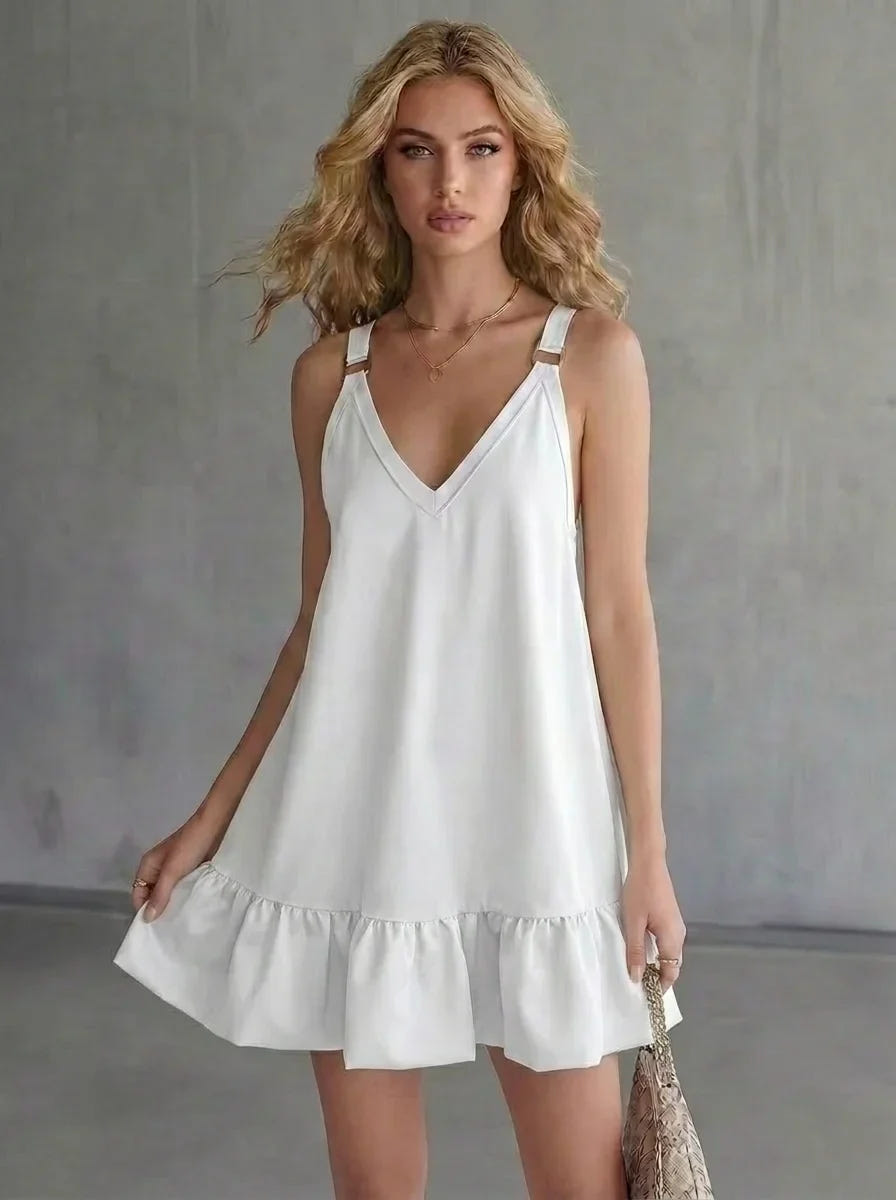 Caitlin | Women's Mini Dress Slip V Neck Ruffle Hem Sleeveless