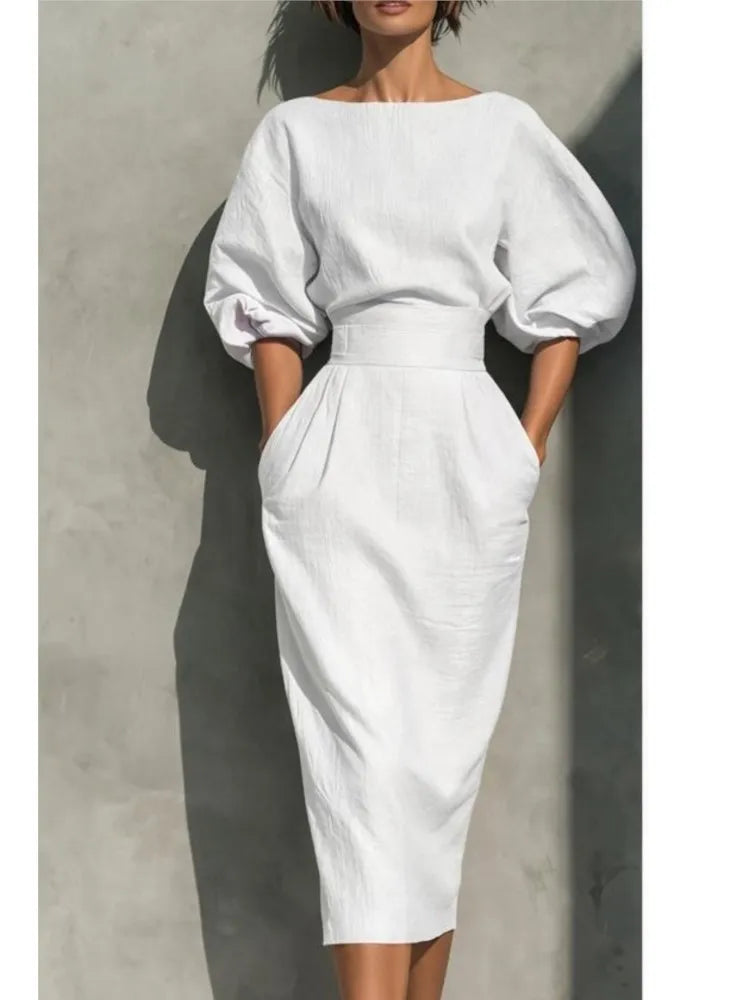 Bailey | Women's Lantern Sleeve Pleated Linen Blend Midi Dress