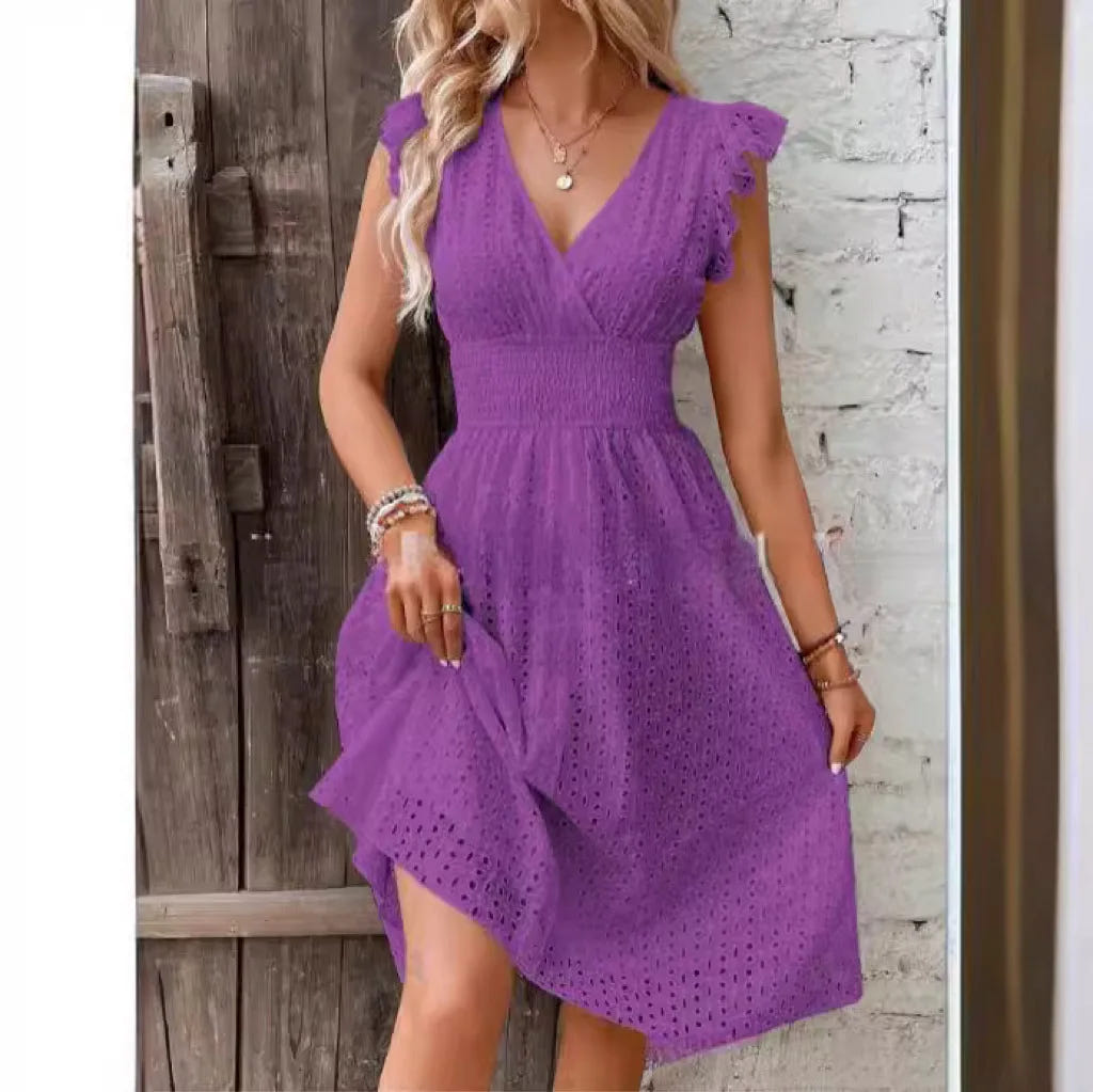 Lily | Women's Eyelet V-Neck Ruffle Sleeve Casual Summer Dress