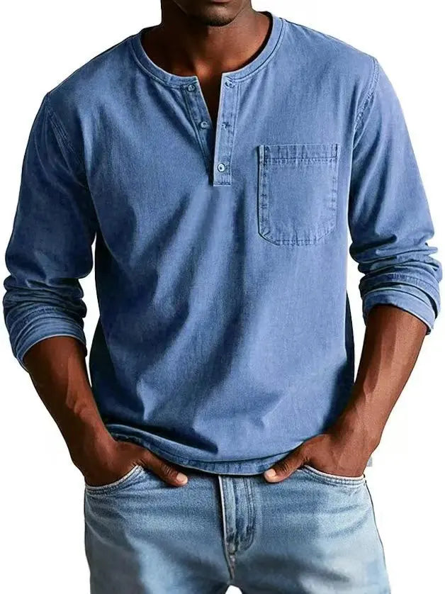 Kellan | Men's Vintage Washed Henley Long Sleeve Chest Pocket Shirt