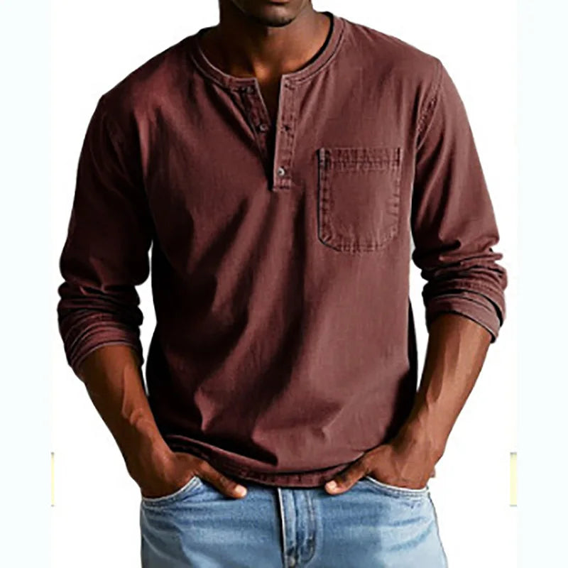 Kellan | Men's Vintage Washed Henley Long Sleeve Chest Pocket Shirt
