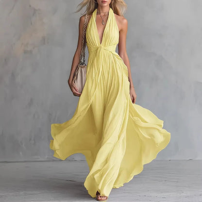 Roselyn | Women's Halter Neck Plunge Flowy Evening Maxi Dress