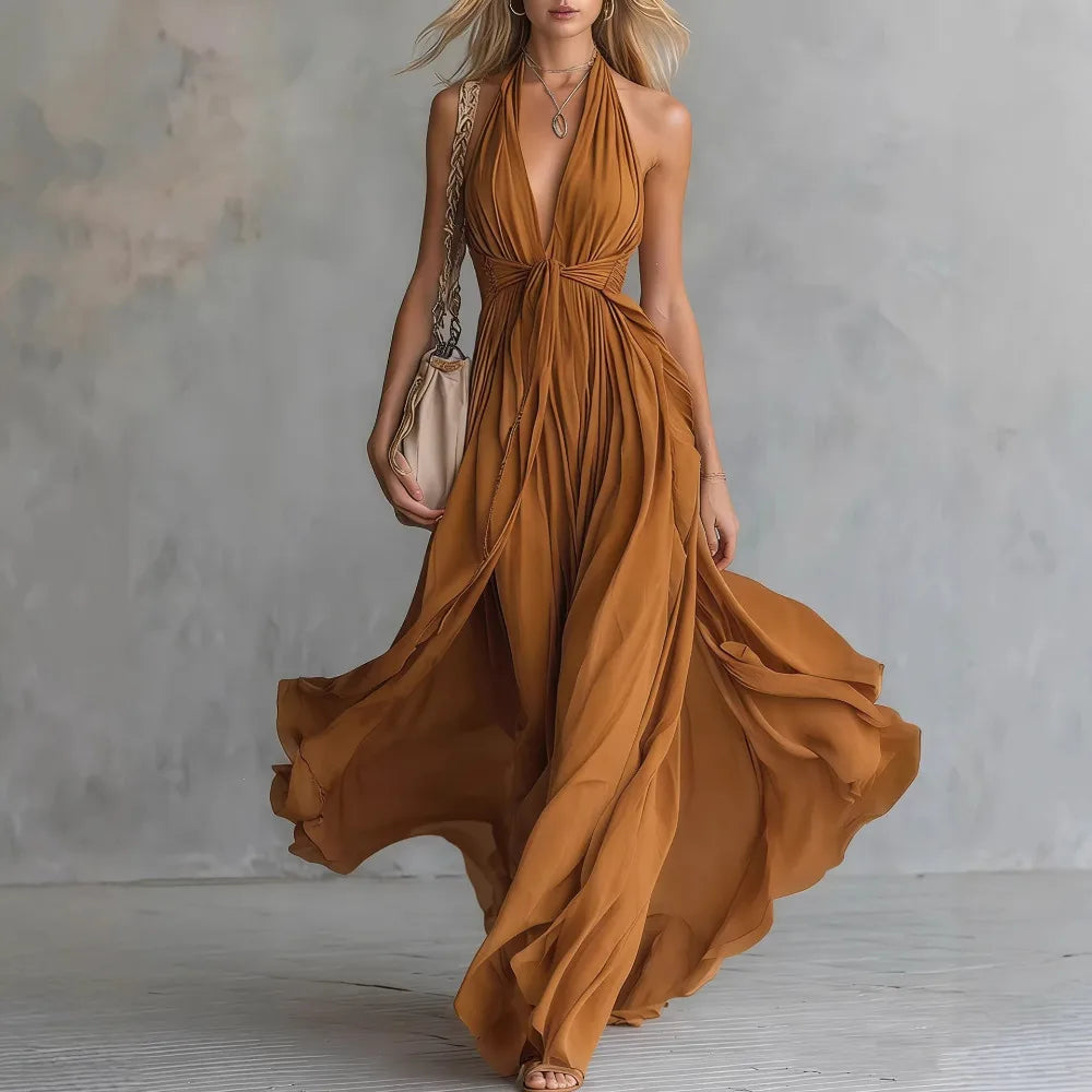 Roselyn | Women's Halter Neck Plunge Flowy Evening Maxi Dress